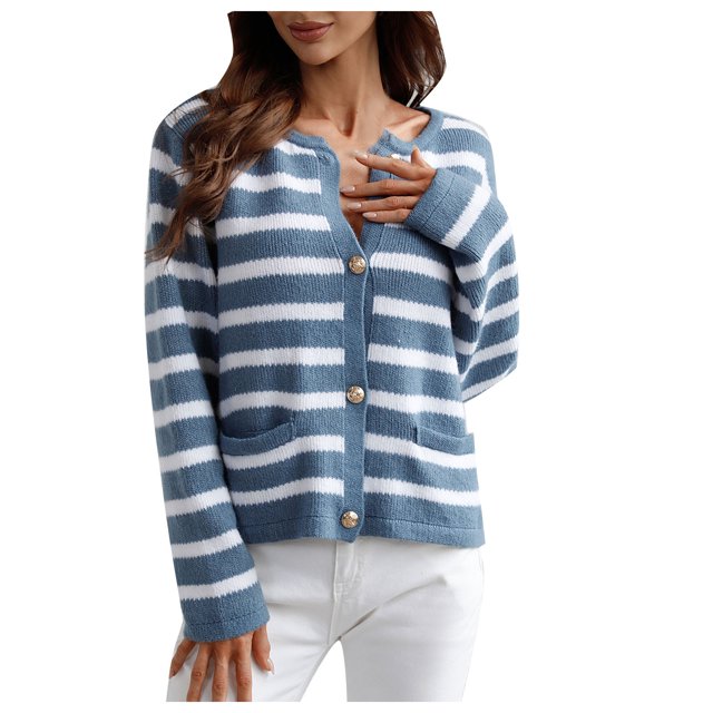 Yuyuzo Cardigans Chandail pour Femmes Court à Col Rond Manches Longues Ouvert à l'Avant à Boutons Chandail Rayé avec Poches