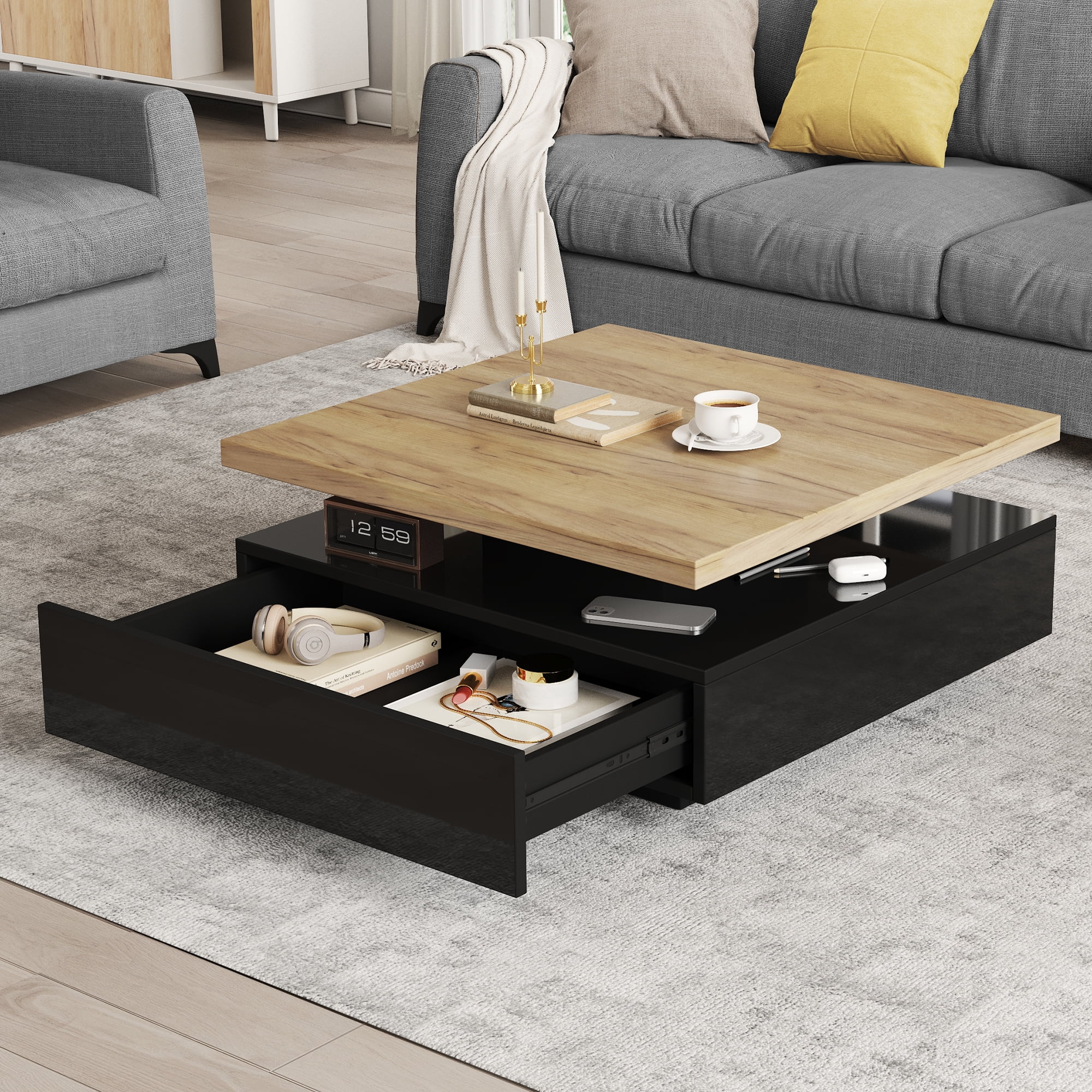 Table basse carrée pivotante Noble House, plateau brillant pivotant à 360°, noire