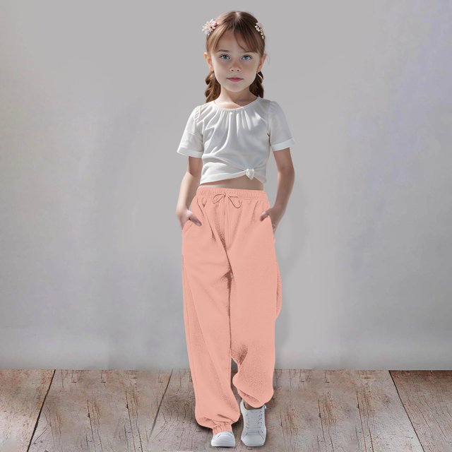 PMVFHDE Kids Pants Medium And Large Children Casual Girls Solid Color Drawstring Sweatpants,Rose Gold,5-6 Years