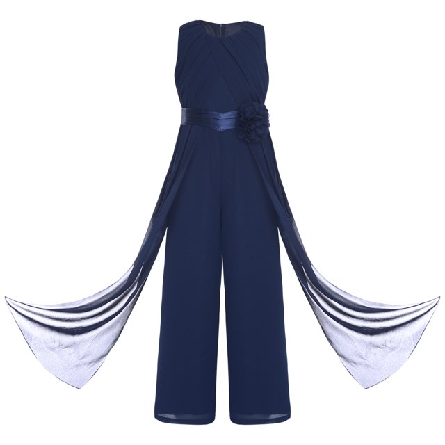 renvena Kids Girls Flower Wedding Party Bodysuit Ruffled Chiffon Pageant Banquet Rompers Summer Wide Leg Pants Jumpsuit Playsuit with Detachable Embellishment Navy Blue 12