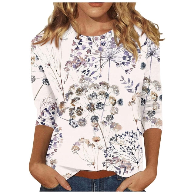 Haut Tunique à Manches 3/4 Imprimé pour Femme, Col Ras du Cou, Blouse Décontractée, T-Shirt pour Usage Quotidien