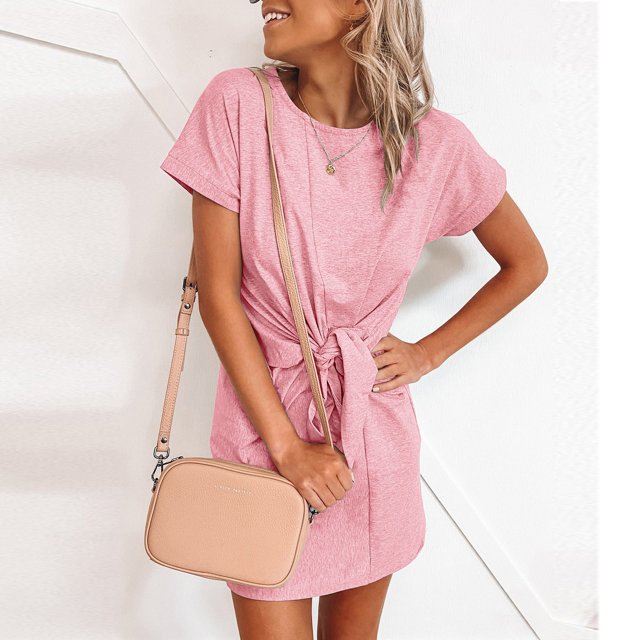 Gspmoly Robe pour Femme, Robe Décontractée et Tendance pour Femme à Col Rond Coloré avec Lien, Manches Courtes, Robe Formelle pour Femme, Cadeaux de Vacances