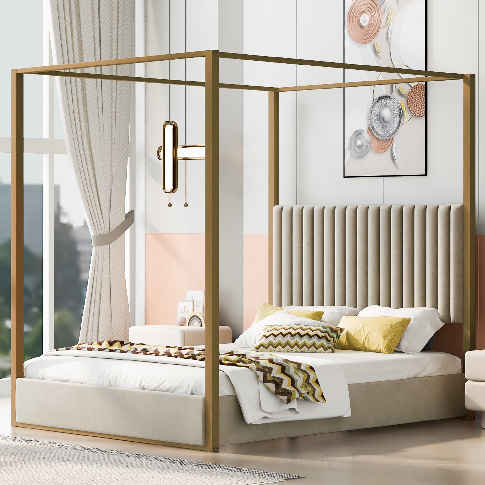 Noble House Queen Size Upholstery Canopy Platform Bed with Headboard and Metal Frame, Beige