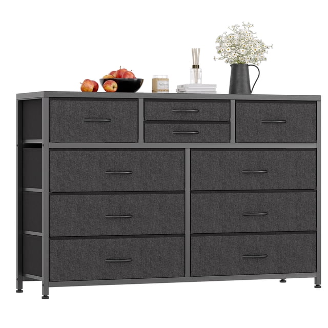 CazToi Multifunctional Rustic TV Stand Dresser 47 Inch Wide Chest of Drawers with 10 Fabric Drawers & Metal Frame