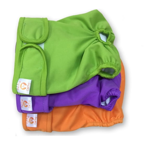 PETTING IS CARING Dog Washable Diapers & Reusable Female Dog Diapers in a 3-pack featuring medium-sized diapers in purple, green, and orange. Designed with cozy elastic bands, a tail hole, and adjustable Velcro closures for a secure fit. Made with soft mesh fabric, a double-layered absorbent pad, and a waterproof outer layer to prevent leaks. Suitable for untrained puppies, females in heat, or dogs with incontinence. Machine washable and eco-friendly.