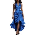 thumbnail image 2 of Mceream Robes de Cocktail pour Femmes Invitées de Mariage Grande Taille Robe Longue Portefeuille en Satin Sans Manches à Col en V à Volants Asymétrique Élégante Robe Formelle Bleu G, 2 of 8