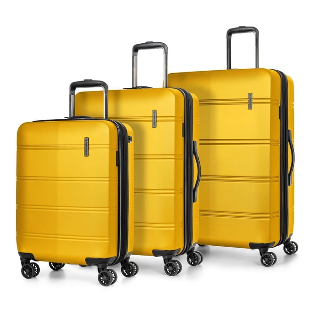 Swiss Mobility LAX Collection lightweight ABS/PC hardside 3-piece luggage set in yellow with telescopic trolley handles locking in two positions, four 360-degree spinner wheels, reinforced side and top handles, horizontal ridged shell, and organized interior compartments with tightening straps for secure packing, suitable for both short and long trips.