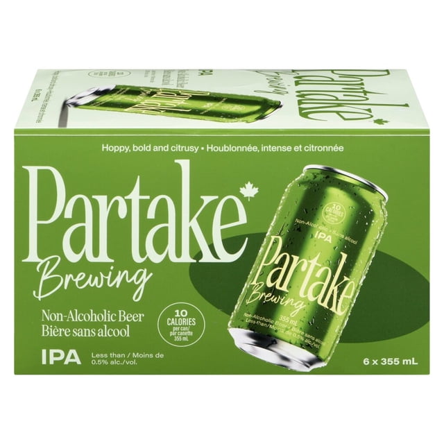 PARTAKE IPA NA 355ML six-pack of non-alcoholic IPA beer in green cans, each with 10 calories, 0 grams of carbs and sugar, and less than 0.5% alcohol by volume, suitable for low-calorie, non-alcoholic drinkers.