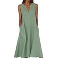 thumbnail image 1 of Ohufall Robe Femme en Coton et Lin à Col en V Sans Manches Décontractée Robe Débardeur Unie Confortable avec Poches Robe Midi d'Été Chic, 1 of 5