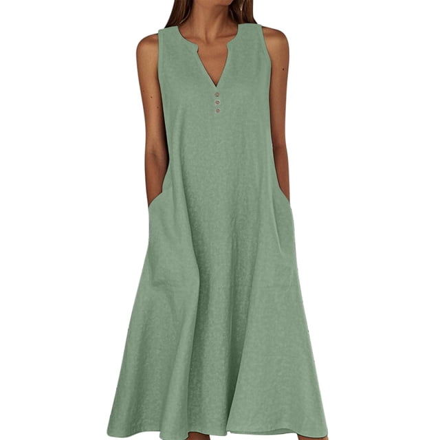 Ohufall Robe Femme en Coton et Lin à Col en V Sans Manches Décontractée Robe Débardeur Unie Confortable avec Poches Robe Midi d'Été Chic