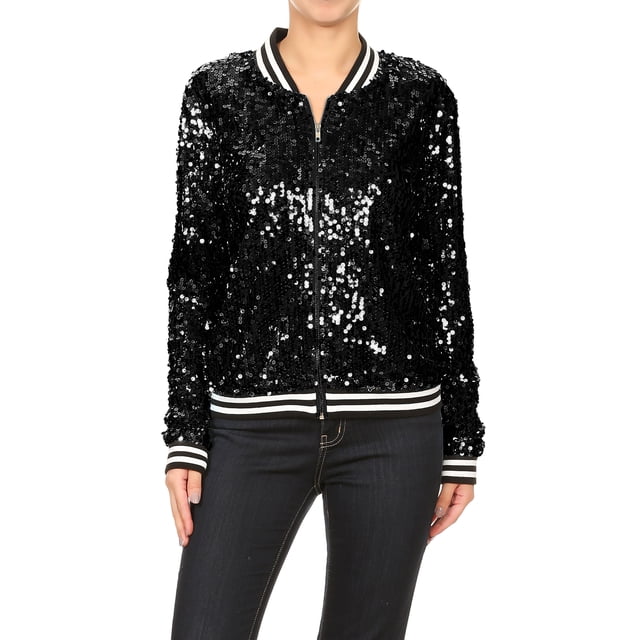 Womens Sequin Long Sleeve Front Zip Jacket with Ribbed Cuffs