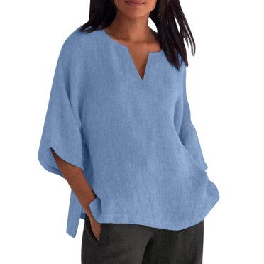 WTXUE T-Shirts 3/4 Sleeve, Crew Neck Shirts for Women's Classic Version of Cotton Crewneck Loose T Shirt Solid Casual Tops for Women Blue M