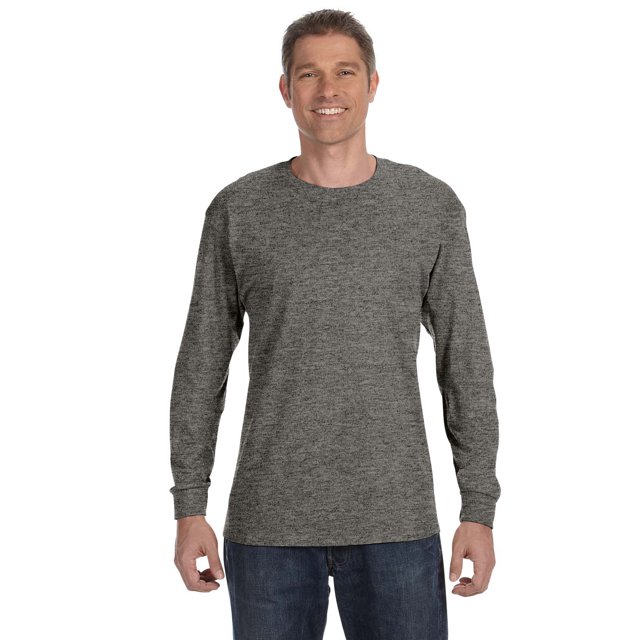 Gildan Heavy Cotton Adult Long Sleeve Tee in a heathered grey colour, shown on a model. The shirt features a classic crew neckline, long sleeves with ribbed cuffs, and a relaxed fit. Suitable for gender-neutral adult wear, ideal for casual or layering purposes.