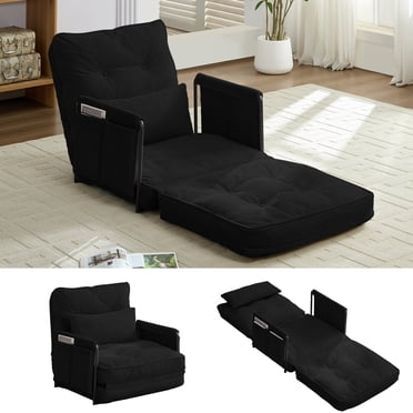 Puremind Canapé-Lit Pliant, Fauteuil-Lit Convertible avec Poches Latérales, Canapé de Sol avec Soutien Dorsal Réglable à 6 Positions, Futon Canapé-Lit pour Chambre/appartement/dortoir, Simple, Noir
