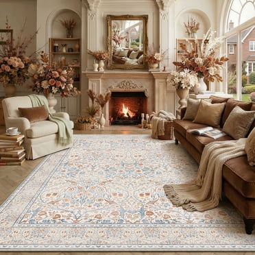 BERTHMEER 8'x10' Area Rugs for Living Room Bedroom Dining Room Office Farmhouse Clearance Floral Vintage Traditional Oriental Machine Washable Large Indoor Rugs Carpets, Beige