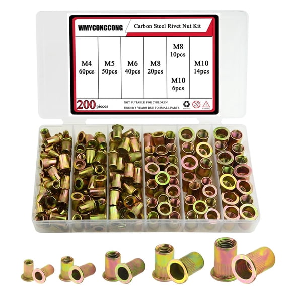 Ensemble Assorti de 200 Pcs d'Écrous à Rivets Métriques M4 M5 M6 M8, Écrous Hexagonaux en Acier au Carbone à Tête Plate avec Insert Fileté