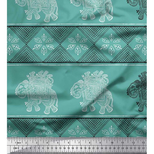 Soimoi Polyester Crepe Fabric Floral & Elephant Block Print Fabric by Yard 42 Inch Wide