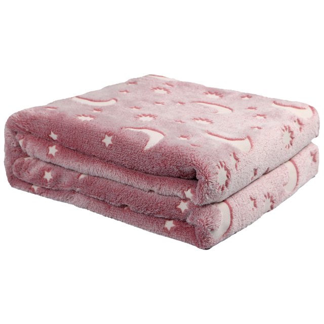 Clearance! Double Flannel Luminous Blanket Whiterows Fall Throw Soft Blanket Star Moon Pattern Glow In The Dark Blankets Warm and Cozy Sofa Blanket 60"X50" (L). A folded, plush pink blanket with a star and moon pattern that glows in the dark, emitting a soothing green light. Made from soft velvet and wool, it provides warmth and comfort for all seasons. Ideal for sofas, beds, or travel.