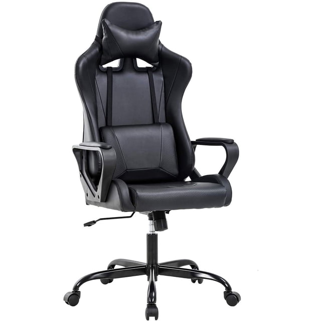 BestOffice Ergonomic Gaming Chair in black with a racing-style design, featuring lumbar support, padded seat, and swivel rolling base. Ideal for gaming furniture setups or office use, it includes an adjustable backrest, PU leather upholstery, and armrests for comfort. Built with a heavy-duty metal base supporting up to 250 lbs.
