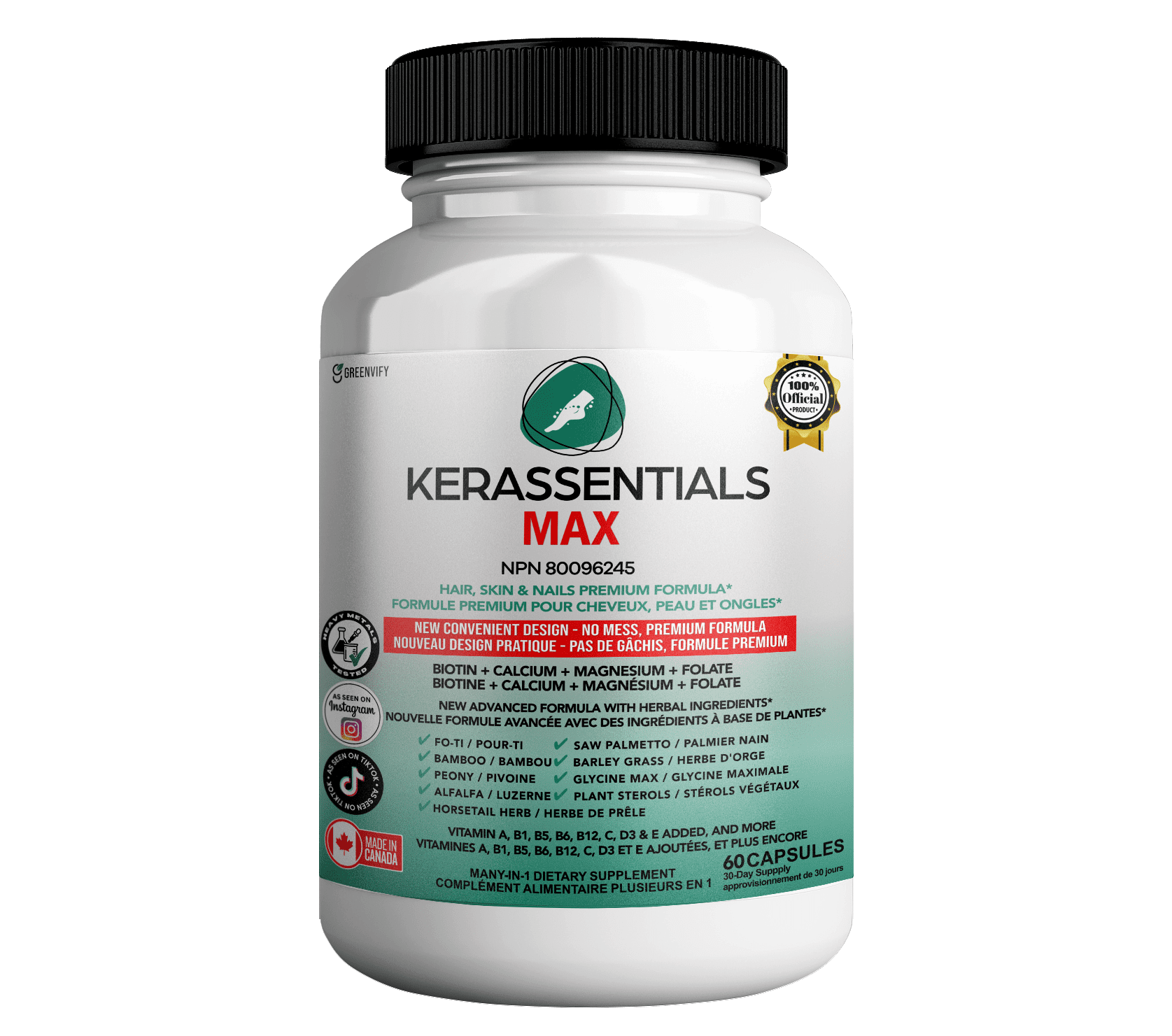GREENVIFY Kerassentials Max - Hair, Skin & Nails Support Supplement | Biotin, Calcium, Magnesium, Folate & Herbal Blend | Premium Formula | 60 Capsules, Vegan & Gluten-Free