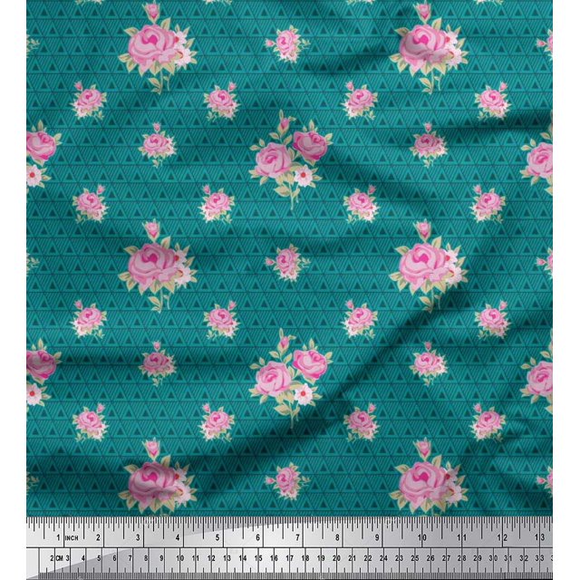 Soimoi Poly Georgette Tissu Triangle, Feuilles & Rose Imprimé Floral Tissu 1 Yard 52 Inch Wide