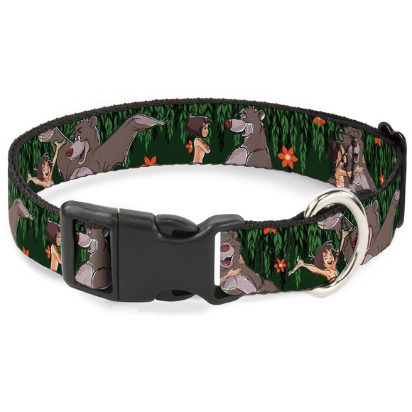 Buckle-Down Plastic Clip Collar - Mowgli & Baloo 3-Poses Leaves/Flowers Greens/Orange - 1.5" Wide - Fits 18-32" Neck - Large
