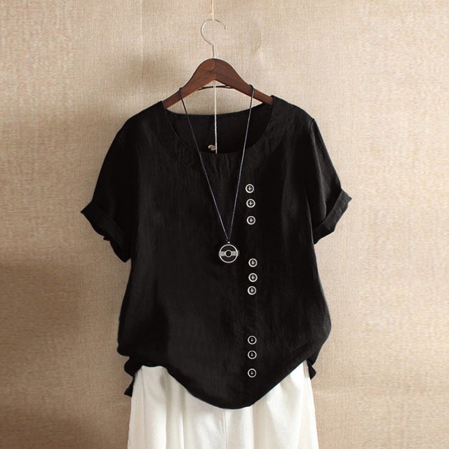 Shiusina Womens Casual Loose Button Linen Plus Size Daily Boho Tanic T-Shirt Blouse Tops Black