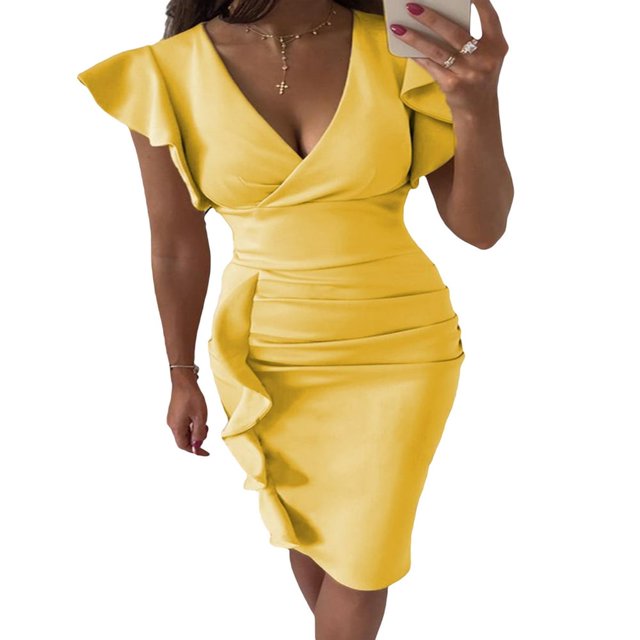 MesaSe Femmes d'Été Près du Cou Manches Robe V Swing Robe avec Poches Couleur Unie une Seule Pièce