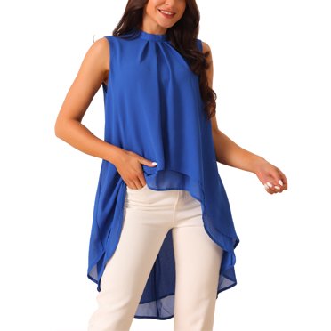 INSPIRE CHIC Women's Chiffon Tops Mock Neck Sleeveless Tie Back High Low Hem Summer Shirt Blouse L Royal Blue