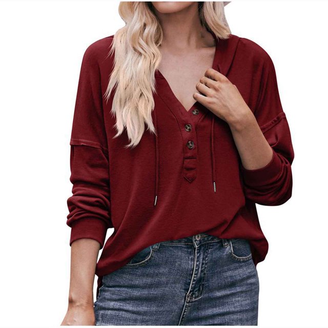 CEHVOM Chandail à Capuchon à Manches Longues pour Femmes, Mode, Uni, Col en V, à Boutons, Liquidation