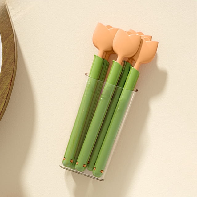 Apmemiss Liquidation Lot de 5 Pinces à Collation avec Hauts en Forme de Tulipe orange et Tiges Vertes, Fabriquées en Plastique de Qualité Alimentaire. Ces Pinces Réutilisables Sont Exposées Verticalement dans un Contenant transparent sur un Fond Neutre, Convenant à l'Organisation de la Cuisine et à la Fermeture des Sacs à Collation pour Maintenir la Fraîcheur des Aliments.