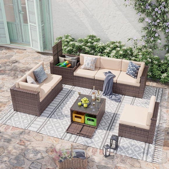 Clouddwell 8 Piece Patio Furniture Set, Wicker Outdoor Furniture with Large Storage Table, Beige