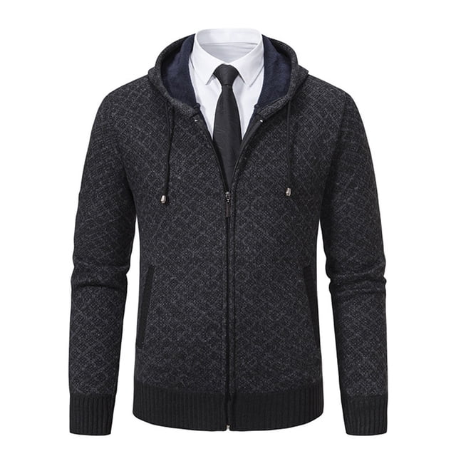 Wzzjkit Fall Clothes Men's Colid Color Long-sleeved Hooded Zipper Pocket Knitted Sweater Jacket