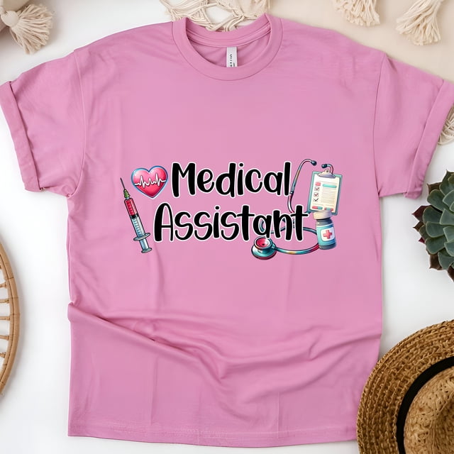 Chandail d'Assistant Médical / Seringue pour Stéthoscope T-Shirt de Soins de Santé, Azalée, Taille P