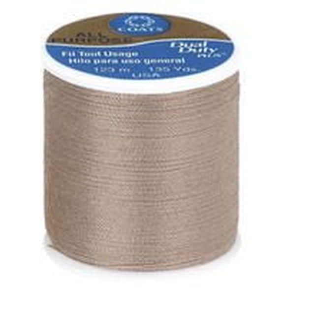 Coats & Clark All Purpose Polyester Thread spool in beige, 123 metres long, made of 100% polyester covered polyester for strength, suitable for hand and machine sewing on knits, woven fabrics, and all fibres, shown in a close-up front view on white background.
