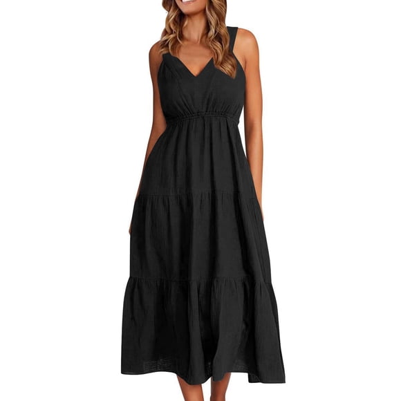 Women's Sleeveless Dress, Summer Midi Dress in Cotton Linen, Casual V-Neck Hollow Out Beach Dress, Relaxed Knee-Length Dress for Vacation(核心词:Women's Sleeveless Dress, Summer Midi Dress)