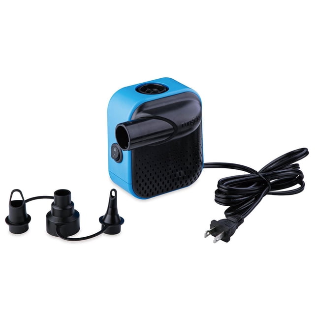 Funsicle PowerPlus Electric Air Pump in blue and black with a compact rectangular design, side power switch, front air outlet, and coiled black power cord. Includes a 3-in-1 nozzle adapter for various valve sizes, ideal for fast inflation and deflation of air mattresses and camping gear inflatables.