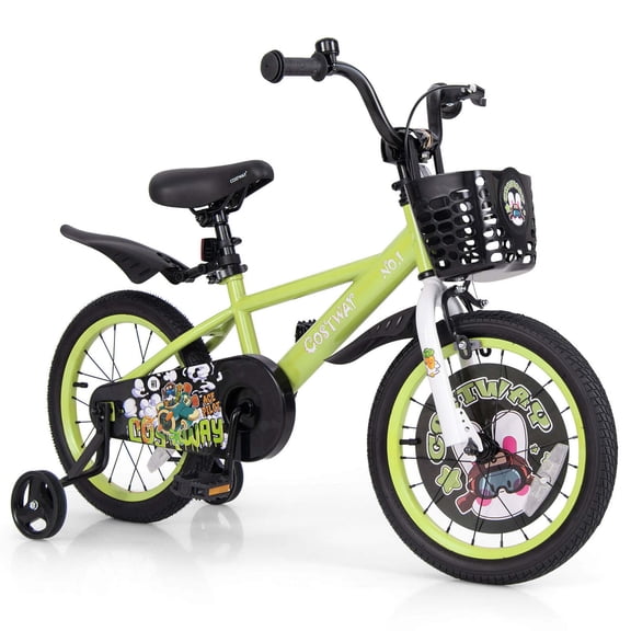 Costway Vélo 16 Pouces pour Enfant de 4 à 7 Ans avec Guidon et Selle Réglables en Hauteur, Frein à Main, Vert