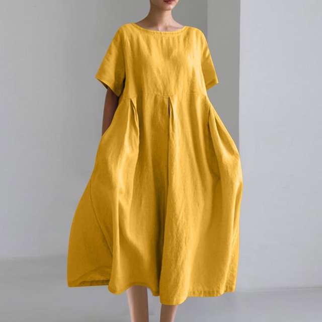 Amzcrzy Robes d'Été pour Femmes Grande Taille P-5TG Tendance Couleur Unie Col Rond Robe de Printemps Décontractée Ample Manches Courtes Robes d'Été pour Femmes Coton Lin Robe Midi