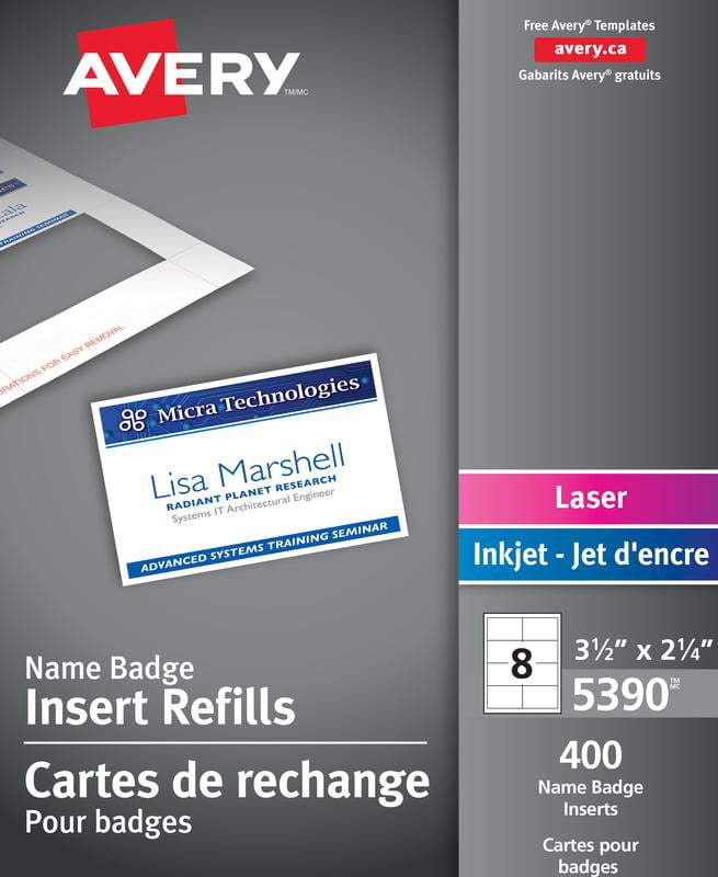 Avery Badge Insert Refills, 2¼" x 3½", White Cardstock, 400/box, (5390)