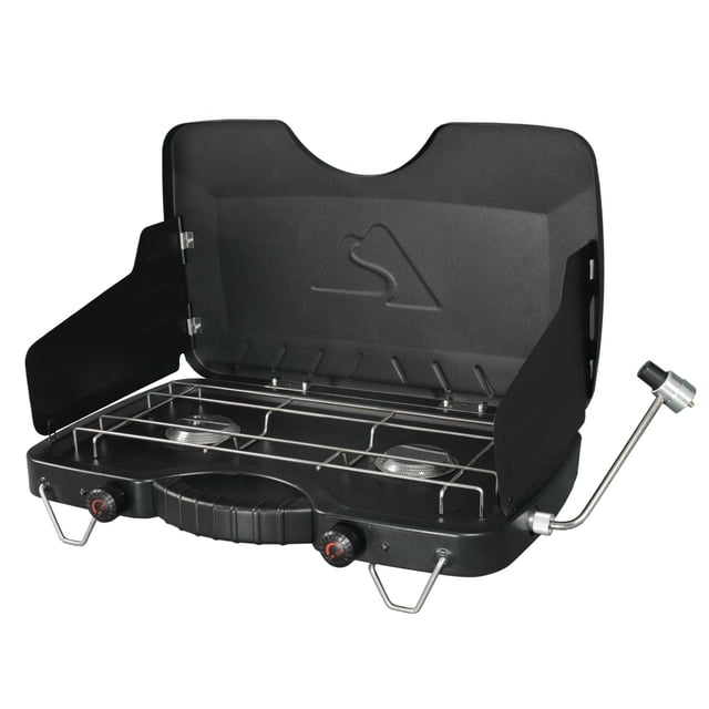 Ozark Trail Réchaud de Camping au Gaz Propane à 2 Brûleurs, GCT2208WB-C Réchaud de Camping Portatif Orienté vers l'Avant avec Couvercle à Charnières en Émail Noir et Pare-Vent Dépliable à Trois Côtés, Grille de Cuisson Plaquée Chrome sur Deux Brûleurs en Acier Inoxydable de 10 000 BTU (20 000 BTU au total), Boutons de Commande Renforcés de Fibre de Verre en nylon, Pattes Pliantes à Verrouillage par Fil; Mesure 15.8 Pouces H x 26.4 Pouces L x 14.6
