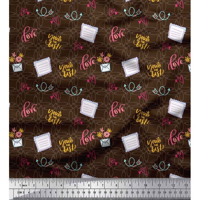Soimoi Brown Poly Georgette Fabric Heart & Love Text Decor Fabric Printed Yard 42 Inch Wide