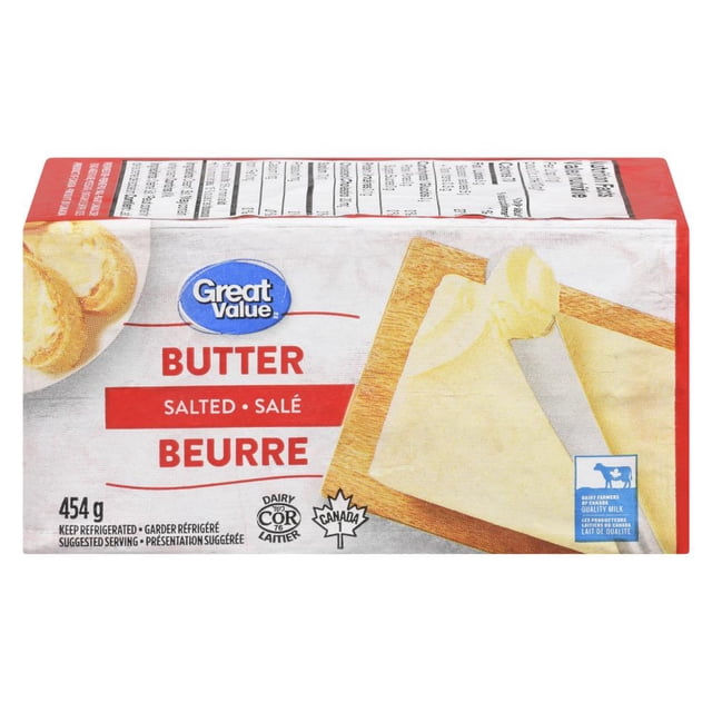 Great Value Salted Butter 454 g block made from Canadian quality milk, shown with a knife spreading butter on a wooden cutting board, labeled in English and French, ideal for enhancing baked goods and everyday cooking.