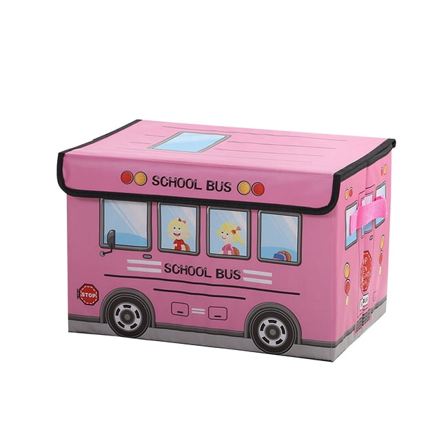 Automobile Storage Box Foldable Clothing Integral Box Non-Woven Film Covered Toy Sundry Storage Box. A pink, school bus-themed foldable storage box with a lid closure, featuring cartoon illustrations of children on the sides. Made of non-woven material, it includes two sturdy handles for easy transport and measures approximately 38cm long x 25cm wide x 25cm high. Ideal for organizing toys, books, clothes, and other household items in various spaces like kids' rooms, closets, or under the bed.