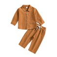 thumbnail image 2 of KYAIGUO Toddler Baby Boys Cotton Linen Button down Shirt Pants Set 2PCS Long Sleeve Solid Color Tops Drawstring Pants Set for 6M-4T, 2 of 9
