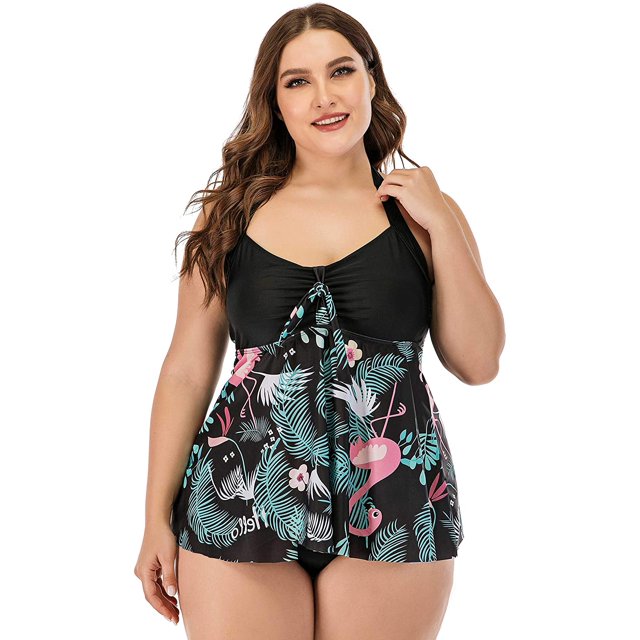 Women's Plus Size Tropical Flamingo Hater Swing Top Tankini Swimsuit