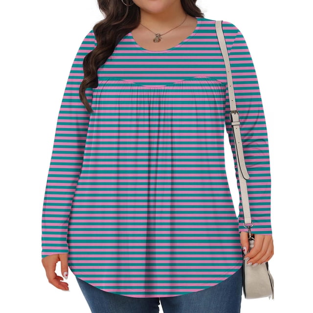 Mevxay Blouse à Rayures pour Femme Grande Taille Chic Décontractée T-Shirts Plissés Manches Longues Col Ras du Cou Tunique Fluide Hauts Violet 2TG