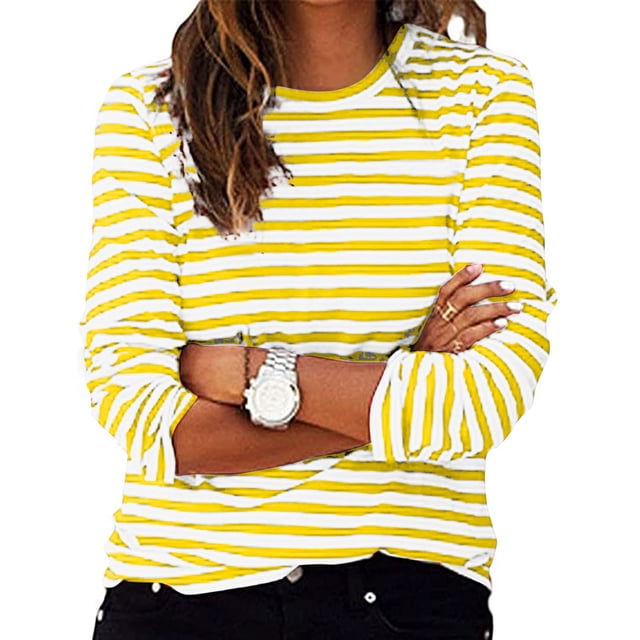 Timegard Hauts pour Femmes à Rayures à Manches Longues Col Ras du Cou Blouse Ample et Confortable Hauts Habillés Décontractés Vêtements d'Automne