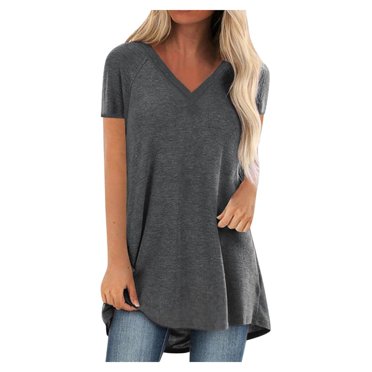 EQWLJWE Hauts pour Femmes Liquidation Hauts d'Été pour Femmes Mode Grande Taille Imprimé Col en V Manches Courtes T-shirt Long Blouse