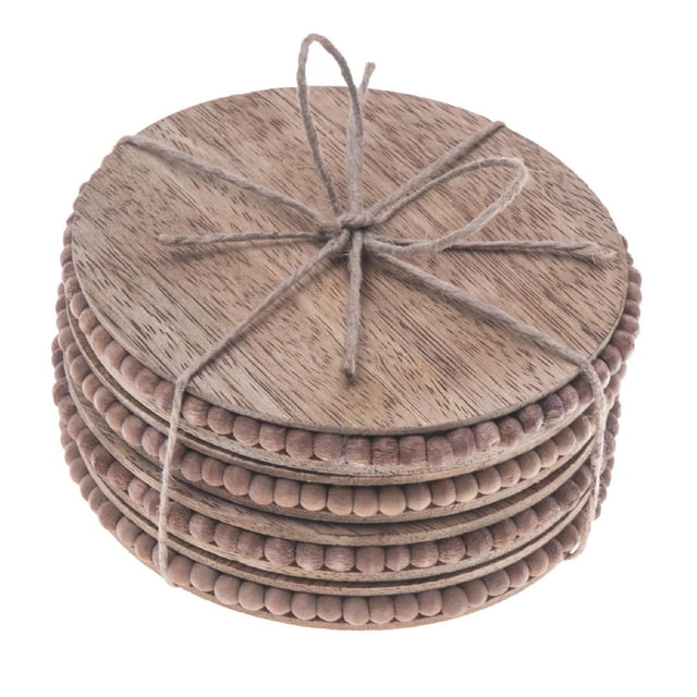 Ensemble de 4 sous-Verres Ronds en Bois avec Perles Naturelles, Empilés et Noués avec Ficelle Naturelle, Chacun Présentant une Forme Circulaire avec de Petites Perles en Bois sur les Bords, Idéal pour Protéger les tables à Manger de la Chaleur, des Déversements et de la condensation, Convient Aussi à un Usage Décoratif.